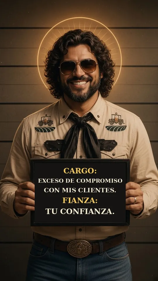 Santo Nico sosteniendo un cartel de broma: cargo, exceso de compromiso con mis clientes; fianza, tu confianza.