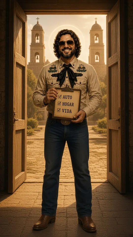 Santo Nico sonriendo en una puerta abierta, con una tabla que dice Auto, Hogar y Vida.